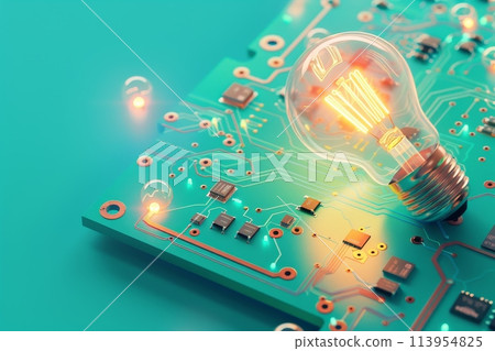 A light bulb is lit up on a circuit board with Generative AI 113954825