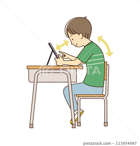 An elementary school boy with poor posture using a tablet at a desk An elementary school boy with poor posture using a tablet at a desk 113954997