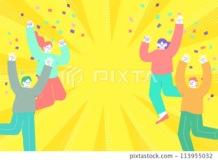 Illustration of a group of men and women jumping in joy amid falling confetti Radial sunburst background 113955032