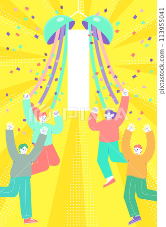 Illustration of a colorful paper lantern hanging from a balloon and a group of men and women jumping in joy Radiating sunburst background 113955041