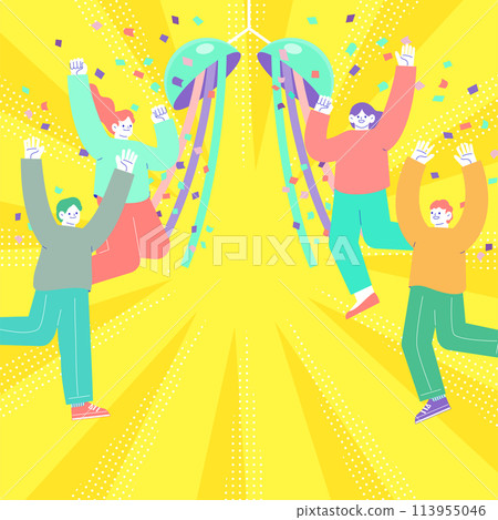 Illustration of a colorful paper lantern and a group of men and women jumping in joy Radiating sunburst background 113955046