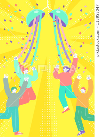 Illustration of a colorful paper lantern and a group of men and women jumping in joy Radiating sunburst background 113955047