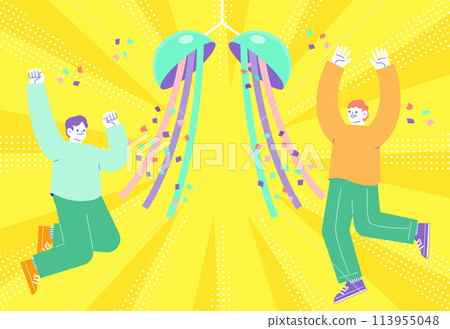 Illustration of a colorful paper lantern and two men jumping in joy Radiating sunburst background 113955048