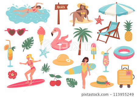 Summer beach travel set. Cute cartoon stickers collection. Summer holiday, beach rest, vacation concept. 113955249