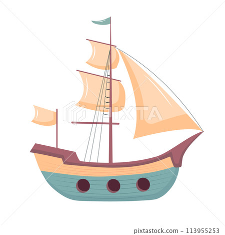 Cute sailing ship. Marine transport clipart. Vector illustration isolated on white background. 113955253