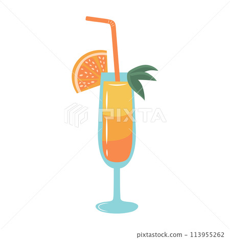 Summer cocktail. Fruit drink in glass with straw, mint and orange. Vector illustration isolated on white background. Summer cocktail. Fruit drink in glass with straw, mint and orange. Vector illustration isolated on white background. 113955262