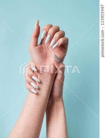 Female hands with blue nail design. Blue nail polish manicure. 113955497