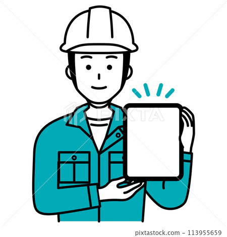 A male worker holding a tablet and explaining 113955659