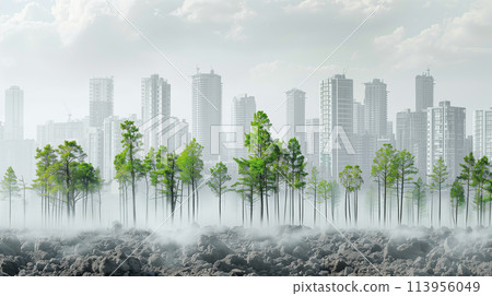 A polluted city skyline contrasted with a clean skyline where trees have been planted, showcasing the impact of reforestation A polluted city skyline contrasted with a clean skyline where trees have been planted, showcasing the impact of reforestation 113956049