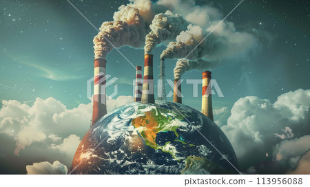 Smoke stacks spewing pollution around an Earth globe, highlighting the threat of industrial emissions Smoke stacks spewing pollution around an Earth globe, highlighting the threat of industrial emissions 113956088