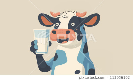 A cartoon cow is holding a glass of milk and smiling. A cartoon cow is holding a glass of milk and smiling. 113956102