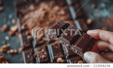 A chocolate bar being enjoyed in a moment of relaxation and self-care, promoting well-being and happiness 113956236