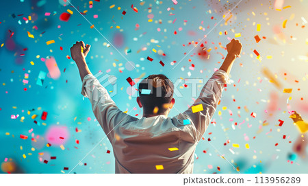 A photorealistic image of a person celebrating a successful business launch 113956289
