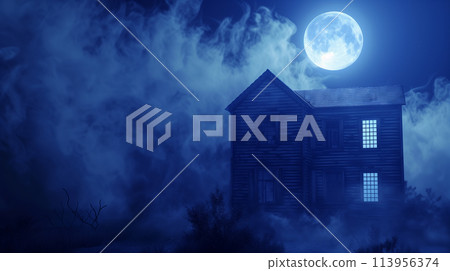 A haunted house shrouded in mist with a full moon and spooky silhouette in the window 113956374