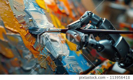 A close-up shot of a robot's hand holding a paintbrush and creating a unique abstract painting A close-up shot of a robot's hand holding a paintbrush and creating a unique abstract painting 113956418