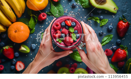 A person blending up a vibrant smoothie with fresh fruits and vegetables 113956455