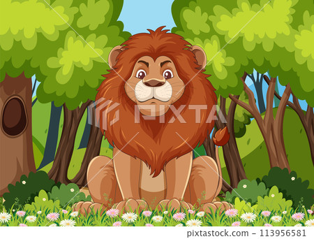 Majestic Lion Sitting in Lush Forest 113956581