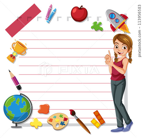 Cheerful Teacher with Educational Icons 113956583