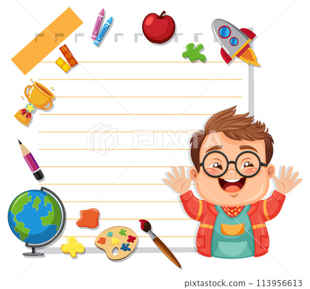 Happy Schoolboy with Educational Supplies 113956613