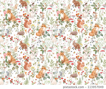 Large size wall mural with hand drawn watercolor forest animals and plants. Stock illustration. 113957049