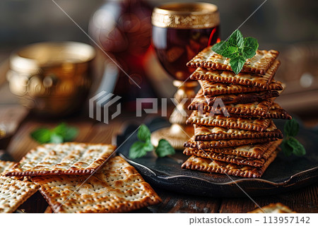 Passover celebration concept. Matzah, red kosher in cup elijah on wooden table table 113957142