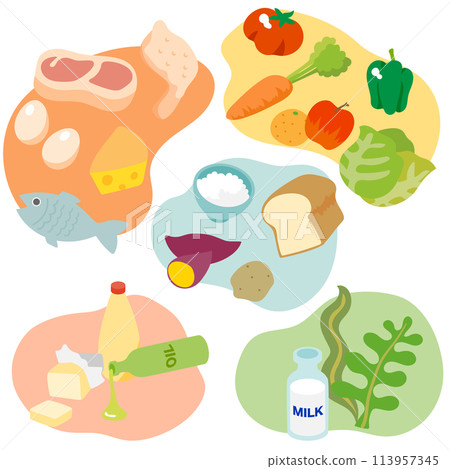 Set of vector illustrations of foods classified into the five major nutrients 113957345