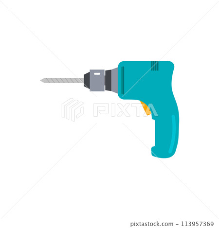 Portable electric hand drill drawing with bit. Power drill icon. Isolated vector cartoon clipart on white blank background. 113957369