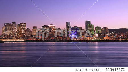 Montreal skyline at dusk with reflections in Saint Lawrence River, including newest skyscrapers in Quebec, Canada Montreal skyline at dusk with reflections in Saint Lawrence River, including newest skyscrapers in Quebec, Canada 113957372