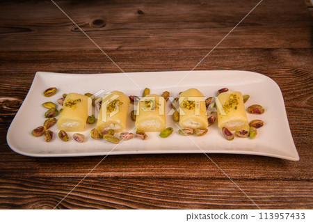 LEBANESE PASTRY RECIPE, ORIENTAL FOOD, HALAWET AL JEBEN, MOZARELLA, ASHTA AND FINE SEMOLINA LEBANESE PASTRY RECIPE, ORIENTAL FOOD, HALAWET AL JEBEN, MOZARELLA, ASHTA AND FINE SEMOLINA 113957433