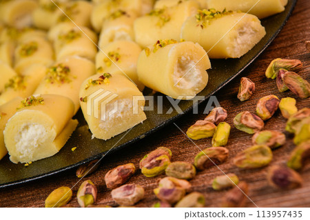 LEBANESE PASTRY RECIPE, ORIENTAL FOOD, HALAWET AL JEBEN, MOZARELLA, ASHTA AND FINE SEMOLINA LEBANESE PASTRY RECIPE, ORIENTAL FOOD, HALAWET AL JEBEN, MOZARELLA, ASHTA AND FINE SEMOLINA 113957435