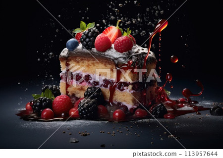 Beautiful berry-fruit cake with different fruits on a dark background 113957644