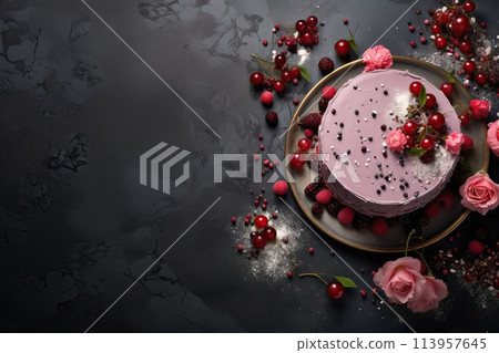 Beautiful berry-fruit cake with different fruits on a dark background 113957645