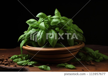 Fresh basil leaves in a plate on a dark background 113957677
