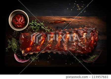 BBQ ribs in sauce on black background top view 113957681