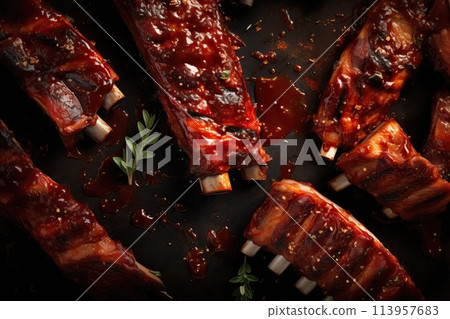 BBQ ribs in sauce on black background top view 113957683