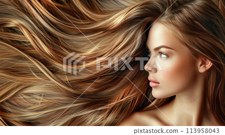 Blonde beauty with dynamic hair movement and a subtle, minimalistic background 113958043