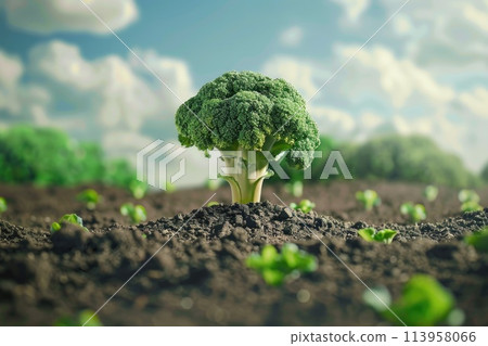 Fresh broccoli growing in an organic farm field 113958066