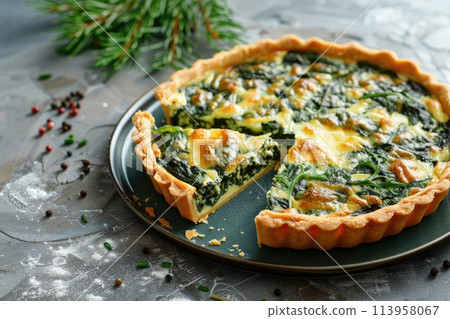 Savory tart of rich egg custard, spinach and cheese with cut out a slice on the plate Savory tart of rich egg custard, spinach and cheese with cut out a slice on the plate 113958067