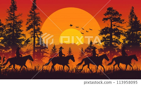 Silhouettes of cowboys riding horses at sunset 113958095