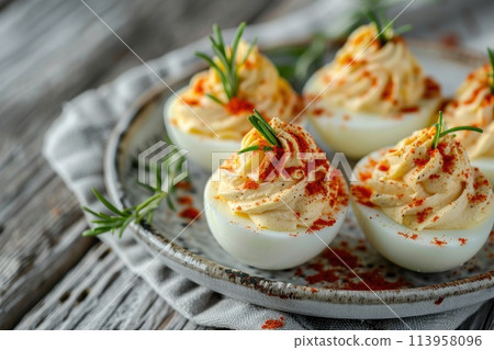 Traditional spicy eggs with paprika for Easter brunch 113958096