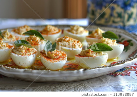 Traditional spicy eggs with paprika for Easter brunch 113958097