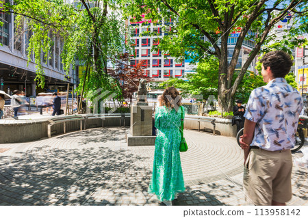 Foreign tourists lining up to take commemorative photos in front of Hachiko in Shibuya Foreign tourists lining up to take commemorative photos in front of Hachiko in Shibuya 113958142