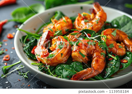 Fried prawns or shrimps with spinach, chili and garlic in white plate. Fried prawns or shrimps with spinach, chili and garlic in white plate. 113958184