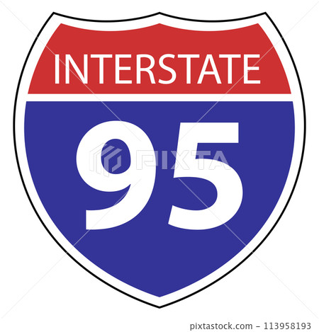US Interstate 95 highway icon. US Interstate 95 highway sign with route number and text. Interstate highway 95 road symbol. flat style. US Interstate 95 highway icon. US Interstate 95 highway sign with route number and text. Interstate highway 95 road symbol. flat style. 113958193