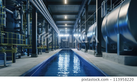 Modern wastewater treatment plant of chemical factory. Water purification tanks 113958220