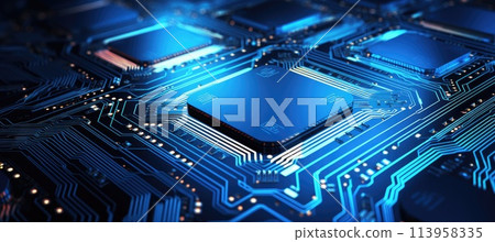 Computer motherboard with CPU. Circuit board system chip with core processor. Computer technology background. Computer motherboard with CPU. Circuit board system chip with core processor. Computer technology background. 113958335