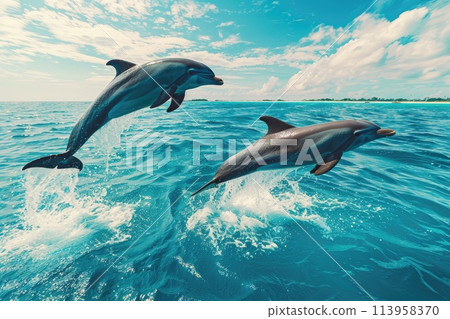 Pod of dolphins leaping in ocean at sunrise 113958370
