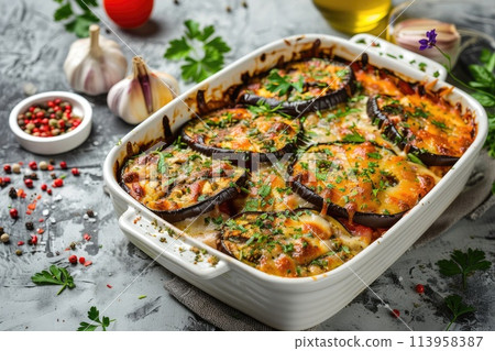 Eggplant casserole with cheese and tomato sauce in a white baking dish on a gray background with ingredients for cooking. Vegetarian healthy food 113958387