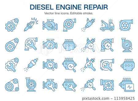 Diesel engine repair icons, such as turbocharger, fuel injector, turbine, spark plug and more. Vector illustration isolated on white. Editable stroke. 113958425