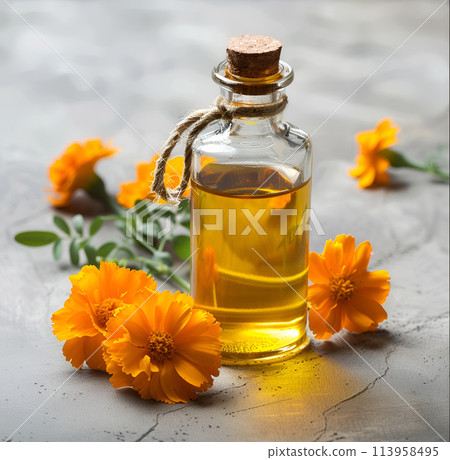 Essential oil of calendula flower on concrete backgroinds. Cosmetic oil Essential oil of calendula flower on concrete backgroinds. Cosmetic oil 113958495